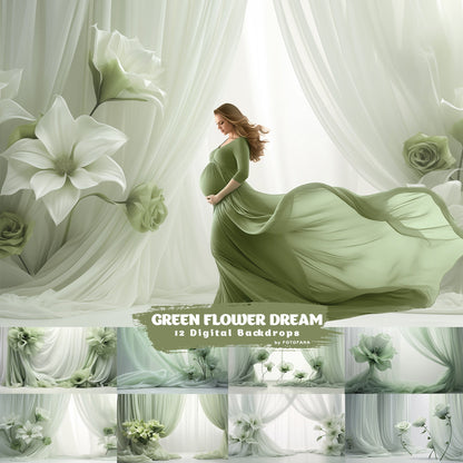 12 Green Flower Dream Floral Digital Backdrop Maternity Overlays Silk Digital Backdrops Photoshop Digital Tulle Overlays Fabric Backdrop