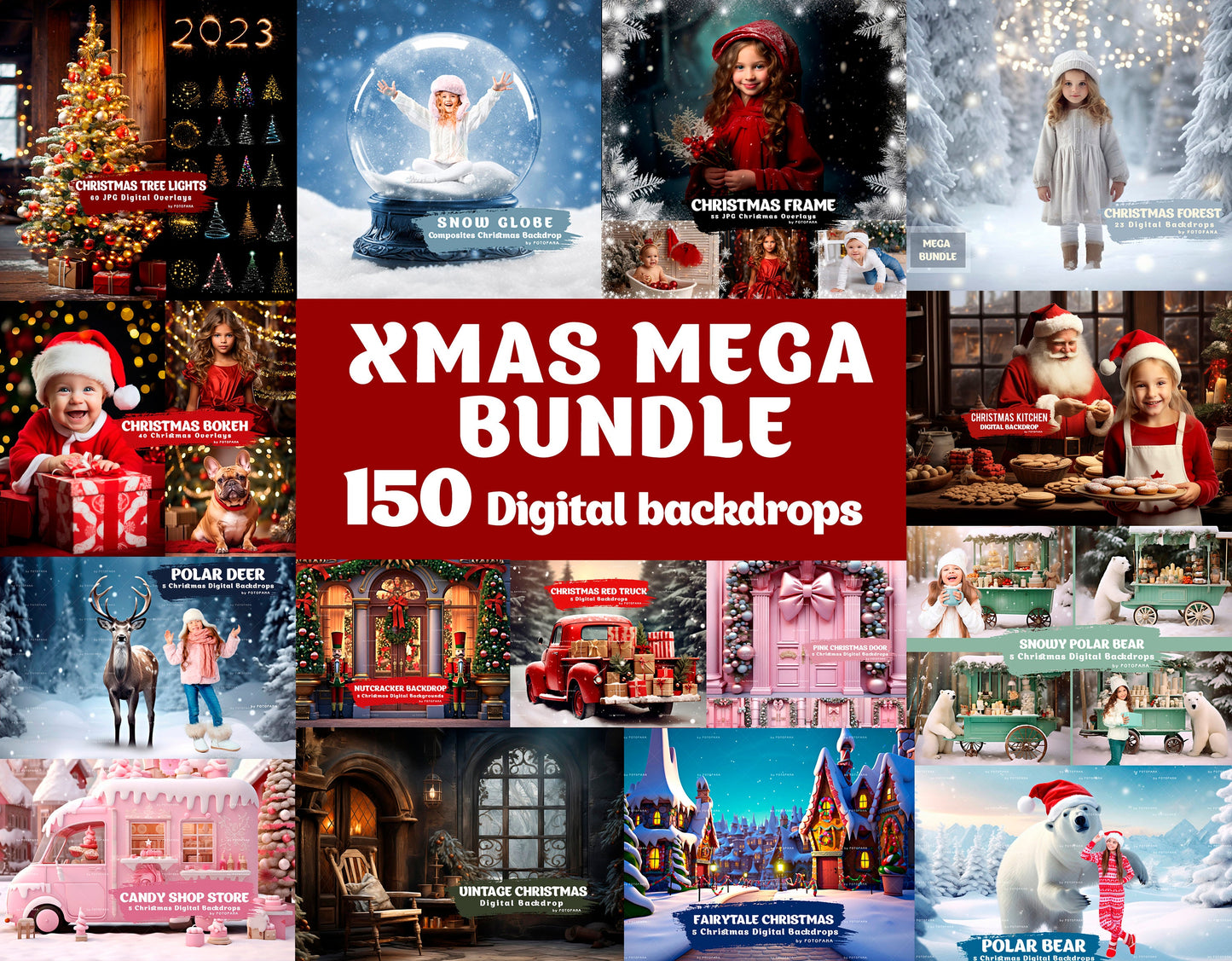 150 Christmas Digital Backdrops For Photography Fantasy Xmas Bundle Photo Templates for Kids Or Pets Christmas Background Digital Download