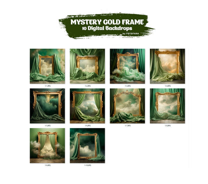 10 Mystery Gold Frame Digital Backdrops Maternity Overlays  Silk Fabric Backdrop Green Studio Overlays Fine Art Textures Photoshop Overlays