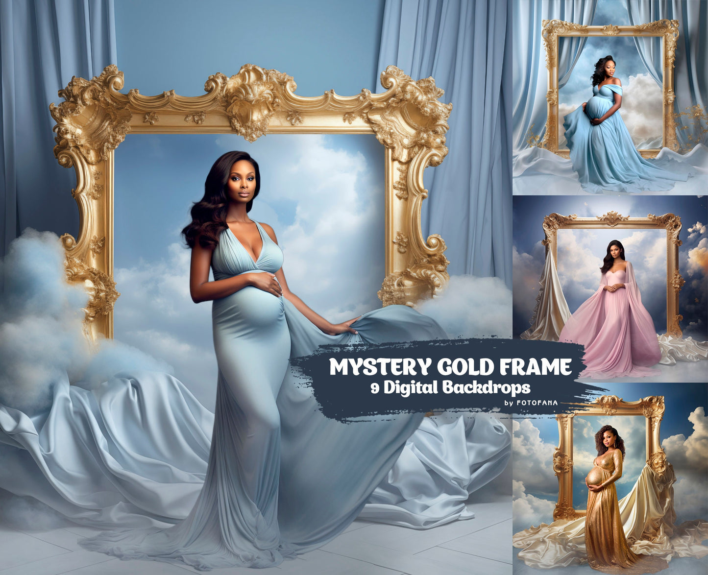 Mystery Gold Frame Digital Backdrop Maternity Overlays Flowing Fabric Overlays Textures Photoshop Overlays Blue Digital Backdrop Photoshop