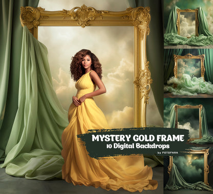 10 Mystery Gold Frame Digital Backdrops Maternity Overlays  Silk Fabric Backdrop Green Studio Overlays Fine Art Textures Photoshop Overlays