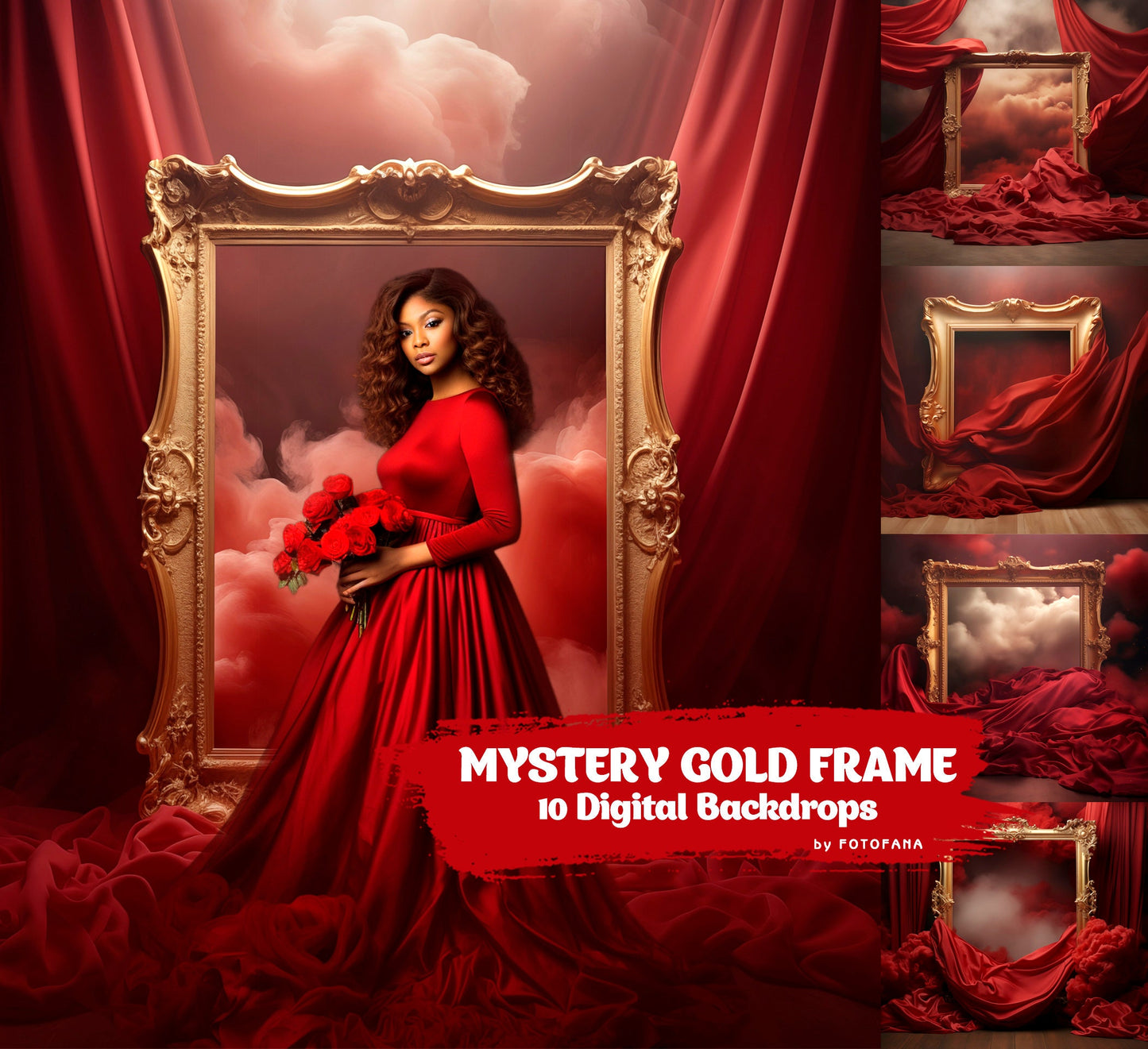 Mystery Gold Frame Digital Backdrops Maternity Overlays Flowing Fabric Studio Fine Art Textures Photoshop Overlays Red Digital Backgrounds