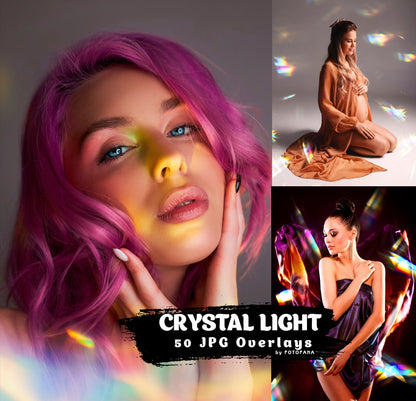 A collage of images showing the effect of using the 'Crystal Light' JPG overlays on various photographs, with vibrant light leak patterns added to the images.