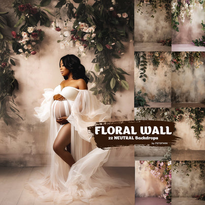 22 FLORAL WALL Backgrounds Neutral Digital Backdrops Overlay Maternity Backdrop Digital Floral Overlays Newborn Studio Backdrops Photoshop