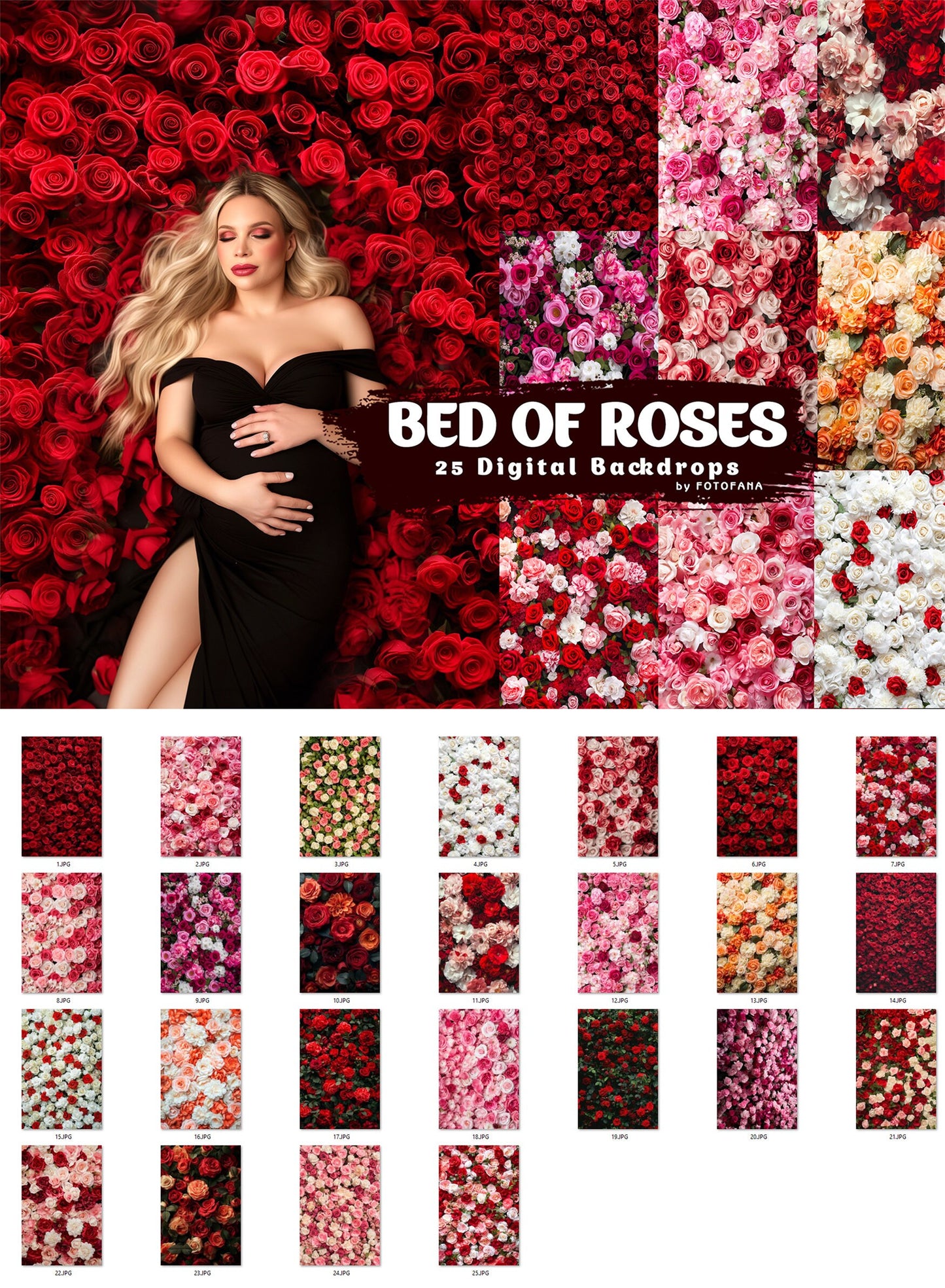 Bed of Roses Digital Backdrop Set Portait Flower Photography Composite Roses Backgrounds Maternity Backdrops Floral Overlay Studio Backdrops