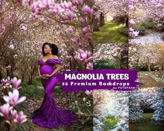 Maternity photo in purple gown under blooming magnolia trees – spring floral outdoor digital backdrop