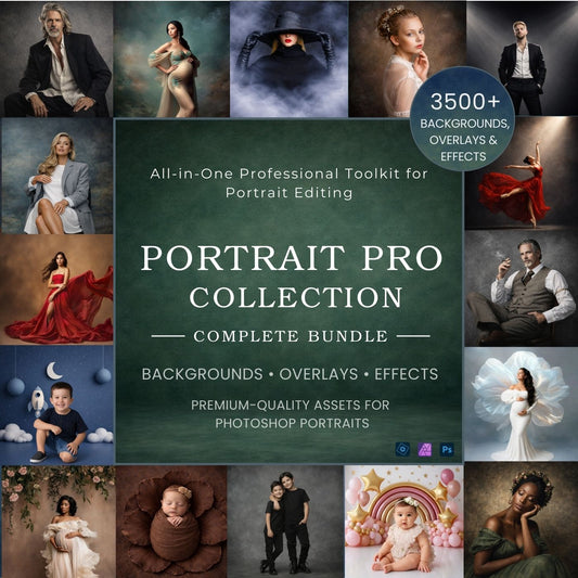 Complete portrait photo editing workflow with backgrounds and overlays in Photoshop