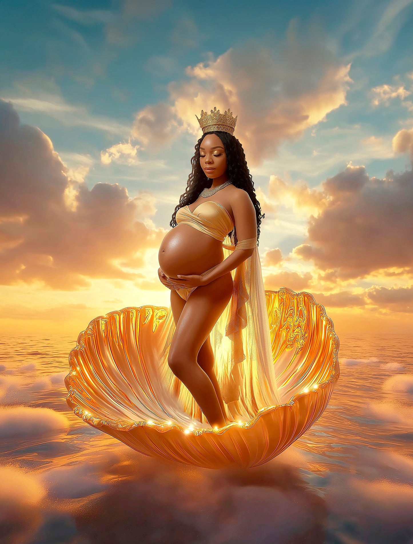 Pregnancy scene with woman in seashell throne at golden hour – artistic digital composite