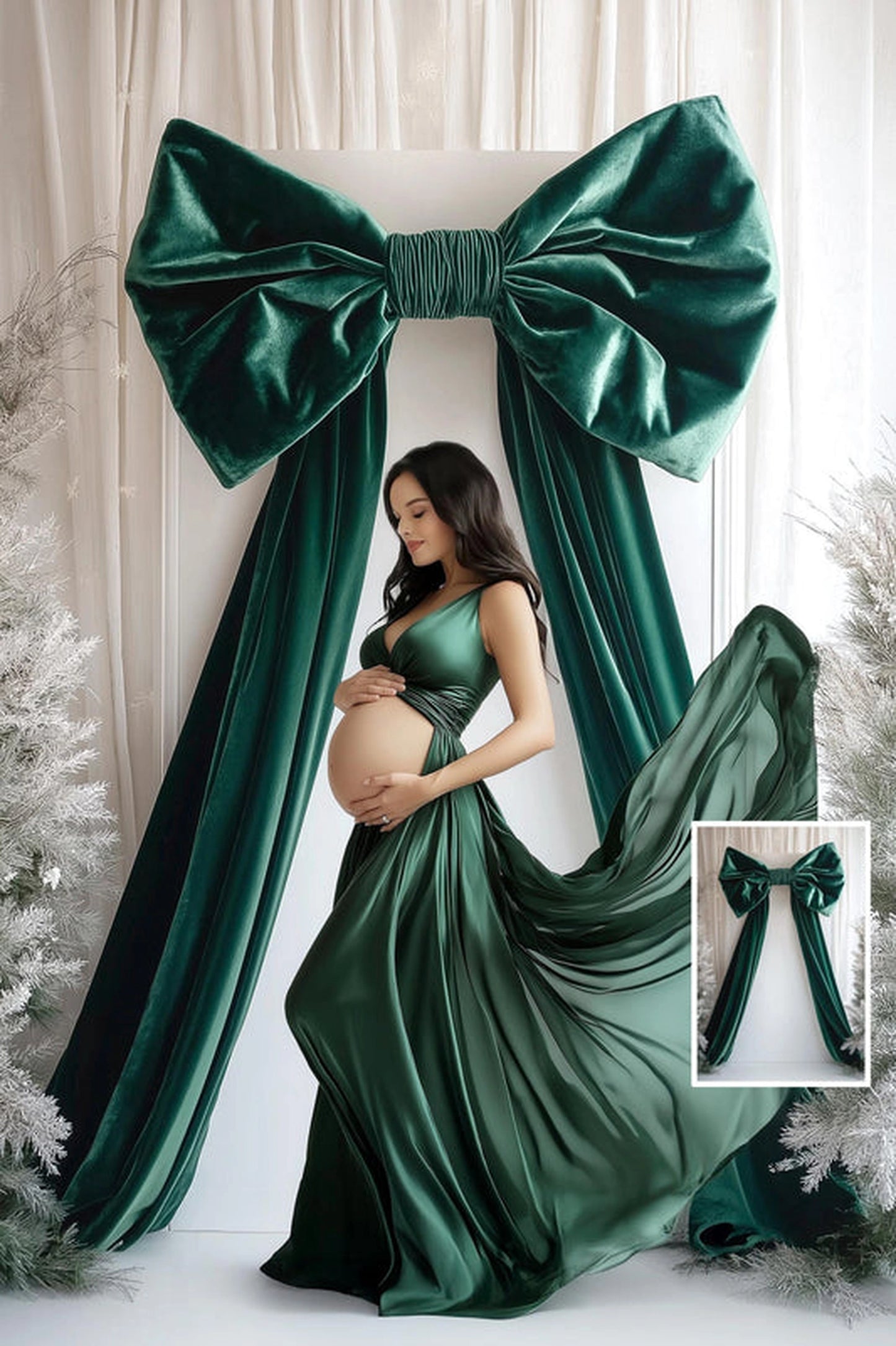 Elegant maternity digital backdrop with green velvet bow and woman in emerald dress

