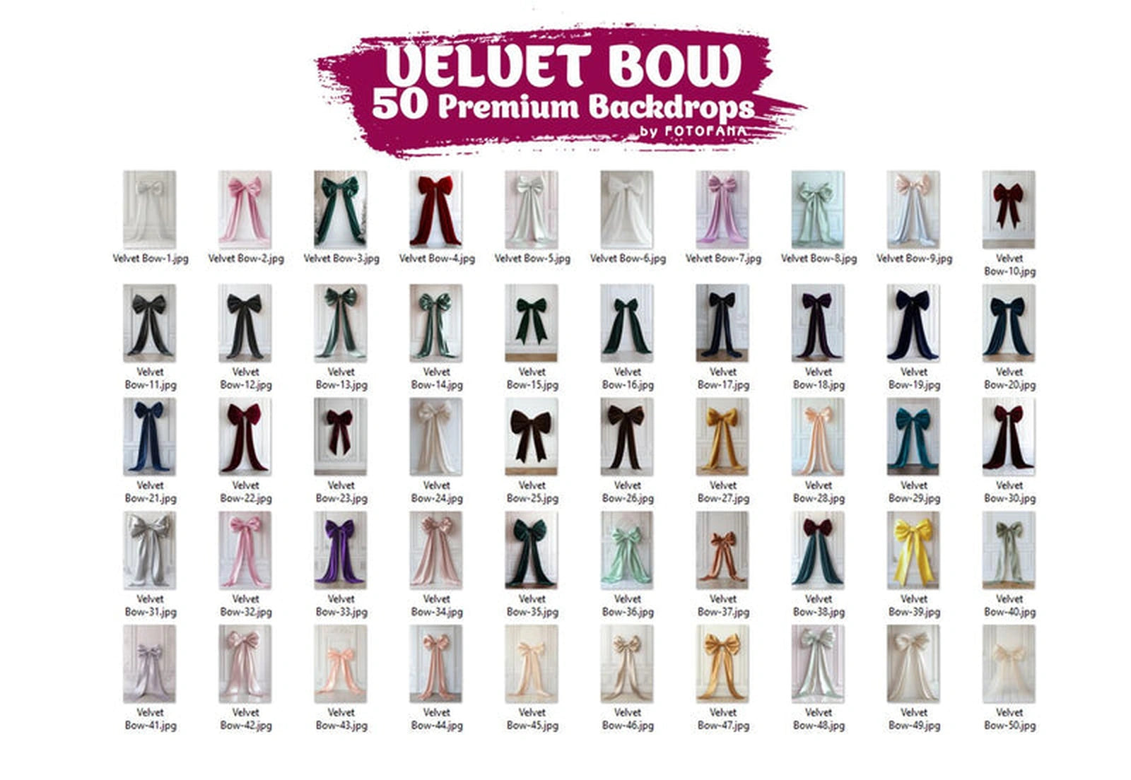 Preview sheet with 50 velvet bow digital photography backdrops

