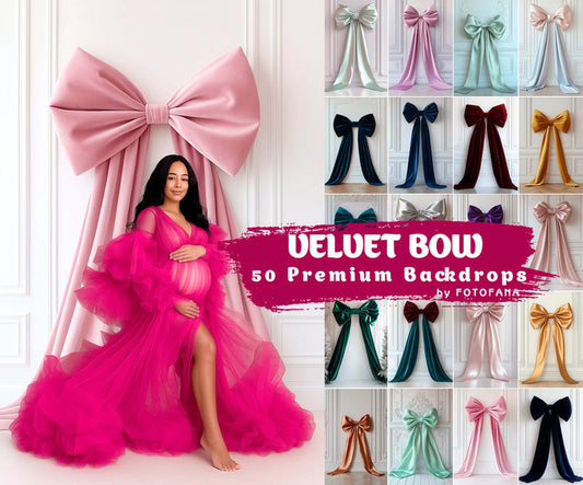 Pregnant woman in pink gown posing with oversized pink velvet bow backdrop
